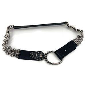Vintage Sandy Duftler Belt Silver Black Leather Stretch Elastic Sz‎ L